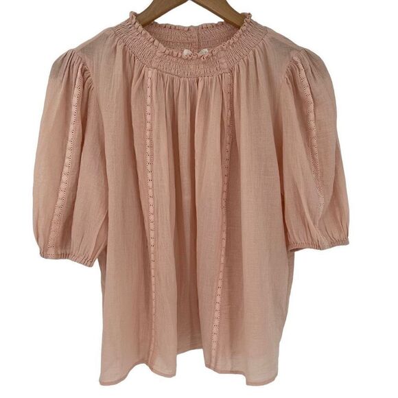 Treasure & Bond Smocked Lace Inset Gauzy Blouse Pink Smoke Women Small NWT - Picture 4 of 11